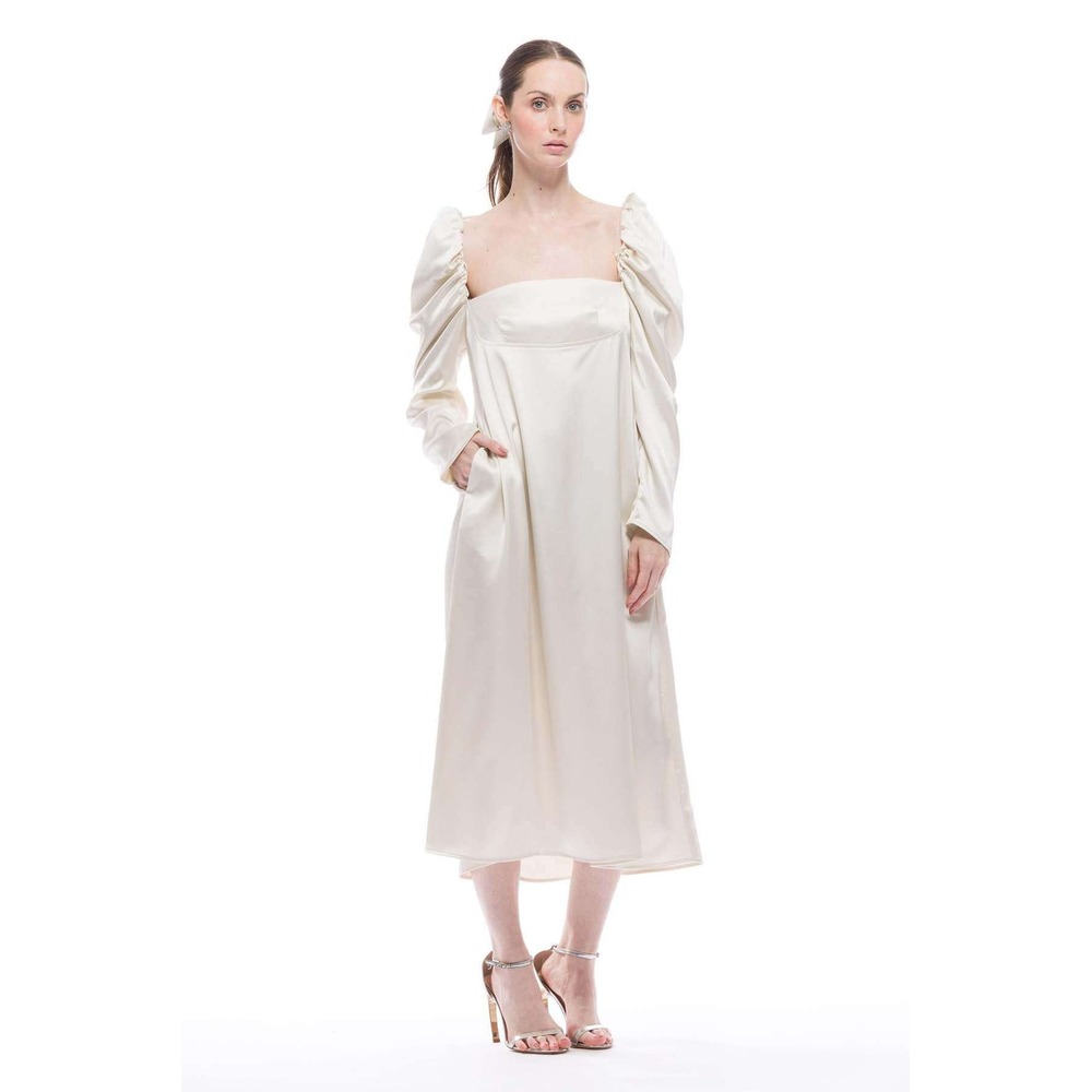 Toit Volant Lilith Dress Ecru Satin Puff Sleeve Midi Size Small NWT
